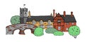 Old english village scene. Color vector sketch hand drawn illustration. Cartoon outline houses facades, bridge and plants